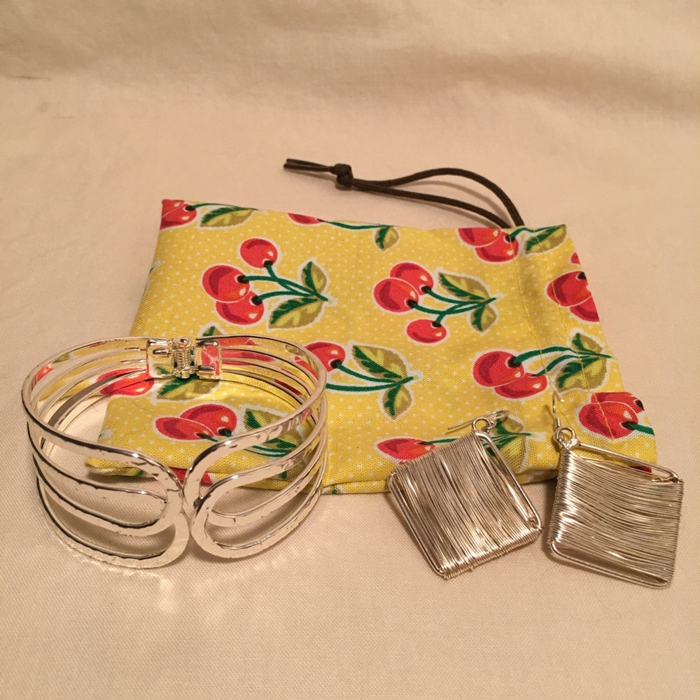 Silver Bangle & Earrings Set with Bag
